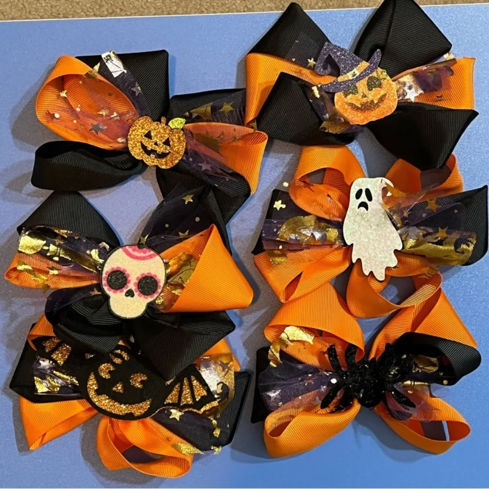 💀 NEW Sparkly Sugar Skull Halloween Hair Bow – Orange & Black